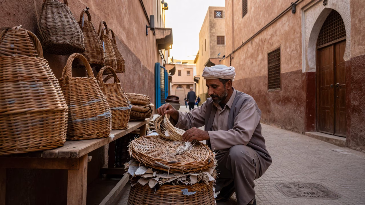 Morning Light in Fez Medina Reveals Weathered Wicker and Traditional Stone Architecture in in Fez, Morocco
