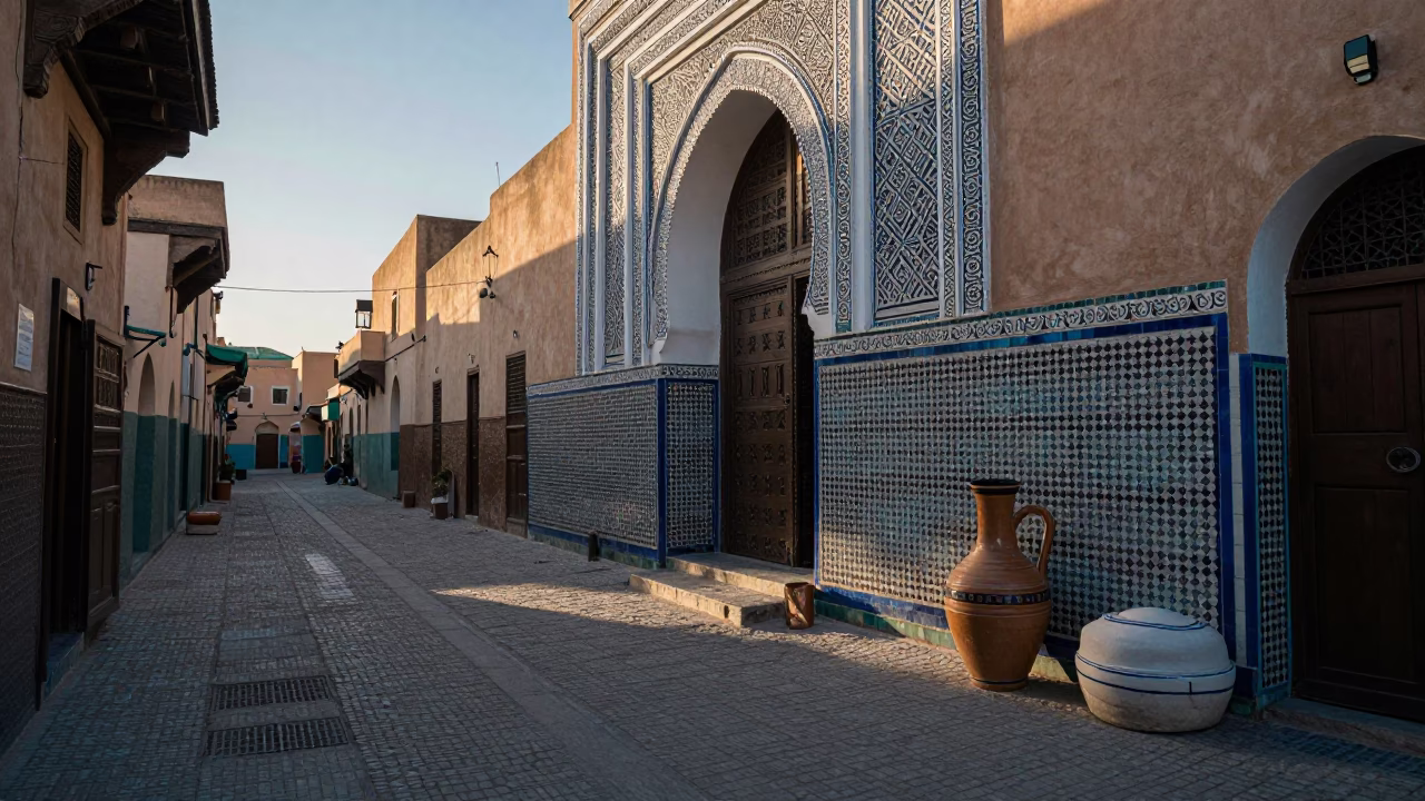 Morning Light in Fez Medina Street with Ceramic Pitcher and Pomegranate Tree in in Fez, Morocco