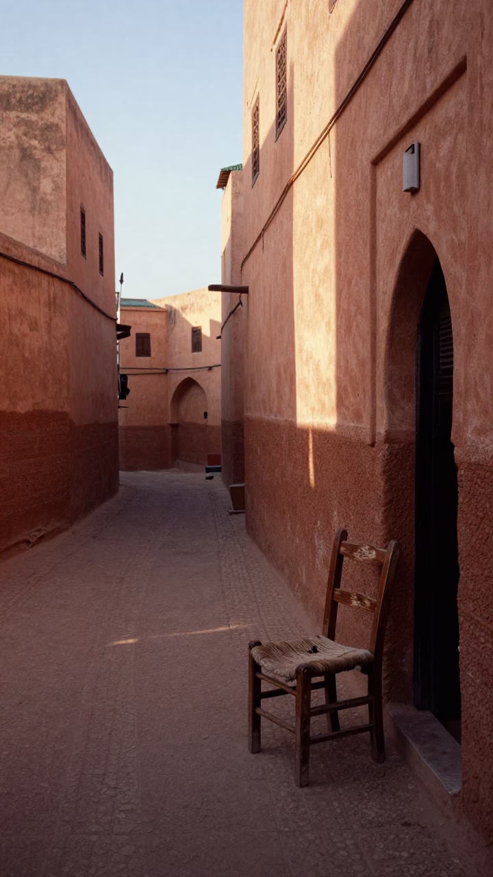 Morning Light in Fez Medina Street with Traditional Wooden Chair and Honey-Sweet Pastries in in Fez, Morocco
