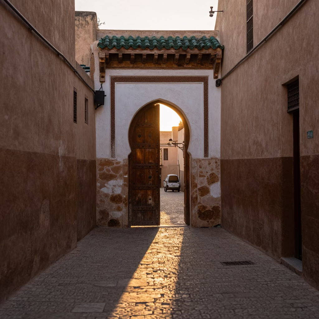 Morning Light in Fez Medina Street with Wooden Doorway and Brass Hardware in in Fez, Morocco