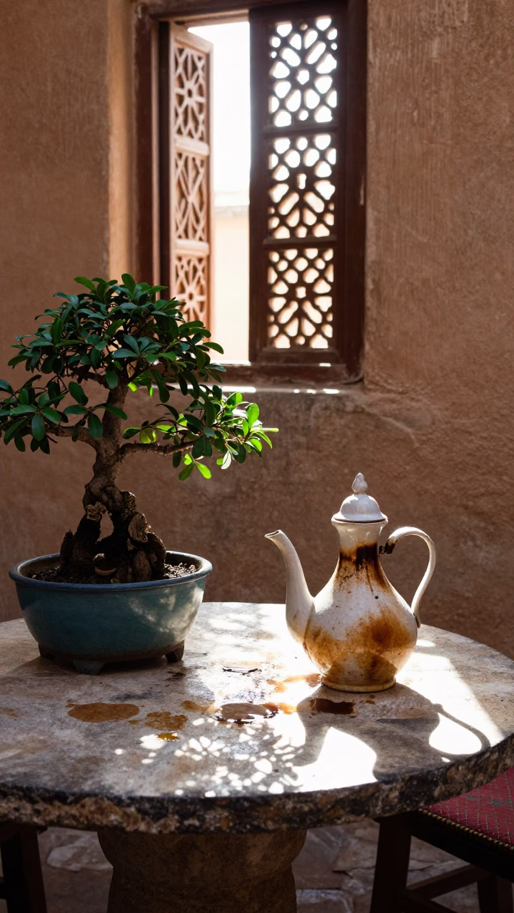 Morning light in Fez Morocco courtyard with tea stains and bonsai plant in in Fez, Morocco