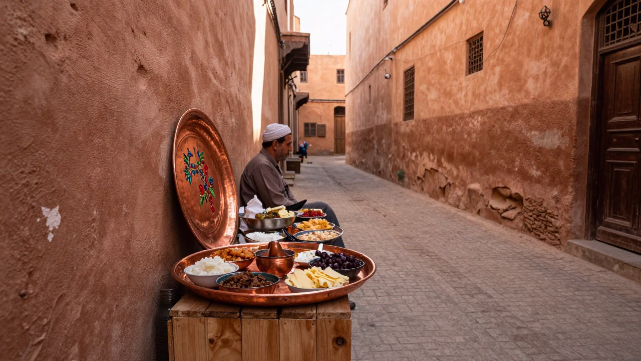 Morning Light in Fez Morocco Mezze Spread on Copper Tray Embroidered Cushions in in Fez, Morocco