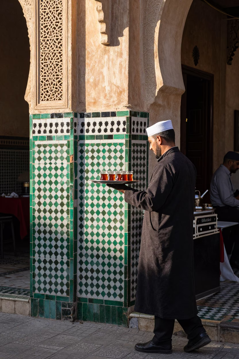Morning light in Fez Morocco teacups on zellige tile street corner in in Fez, Morocco