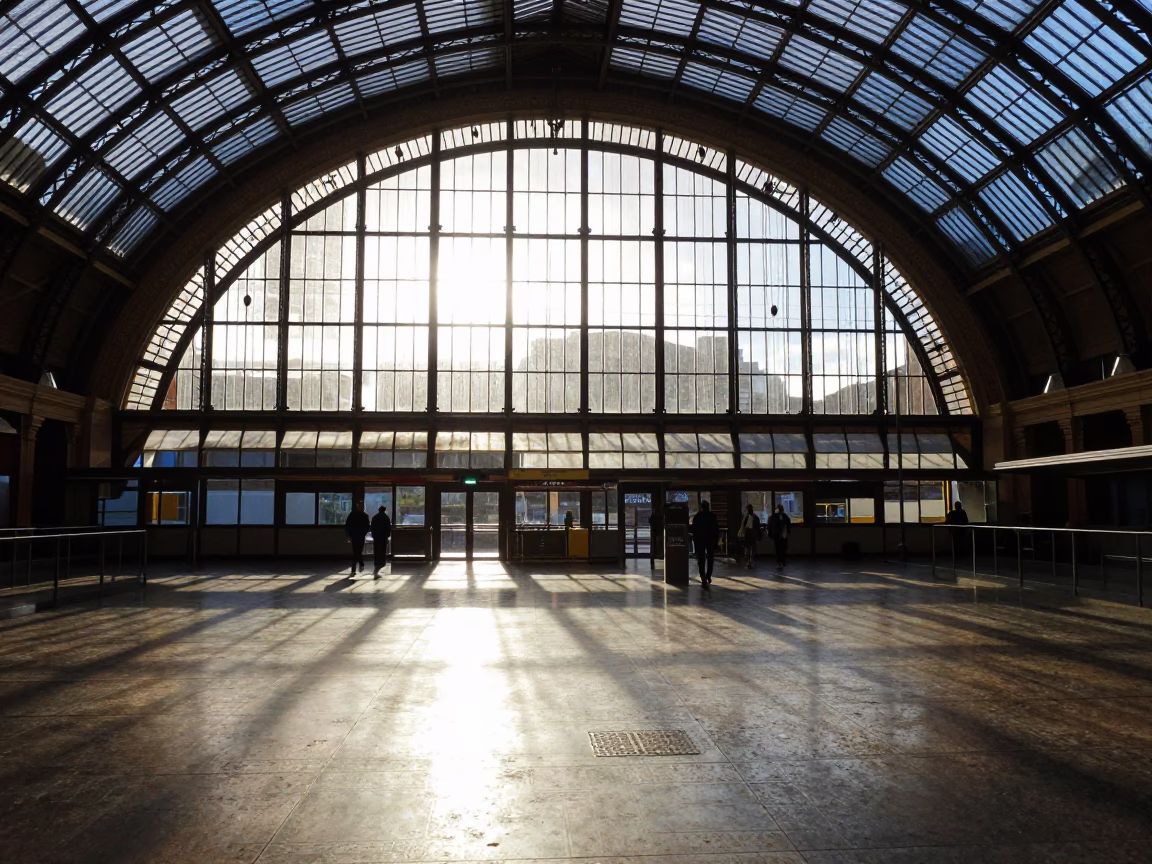 Morning Light in Flinders Street Station Melbourne Arched Glass Roof and Commuters in in Melbourne, Victoria, Australia