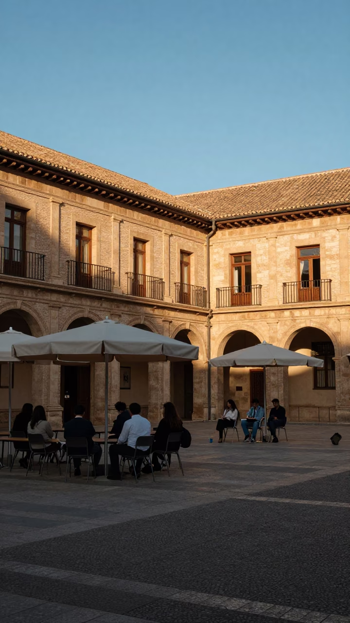 Morning light in Granada Spain university courtyard with umbrellas and seminar blocks in in Granada, Spain