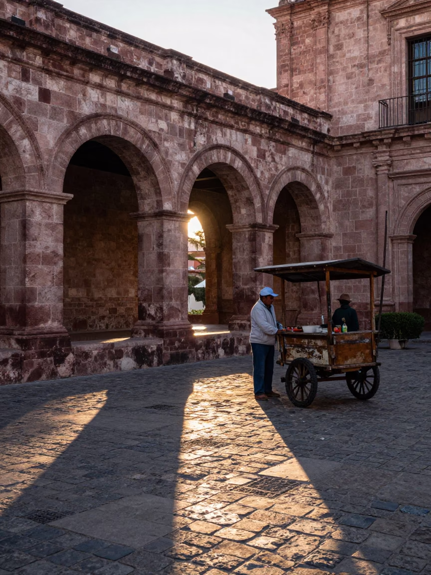Morning Light in Guadalajara University Cloister Walkway Between Old Stone Buildings in in Guadalajara, Mexico