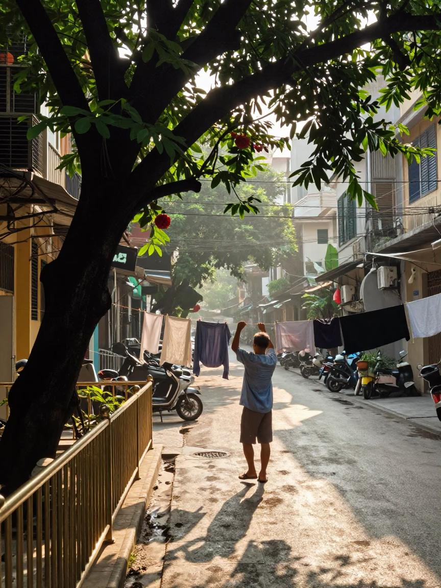 Morning Light in Hanoi Vietnam Street Scene with Polished Brass Rail and Shirt Hanger in in Hanoi, Vietnam