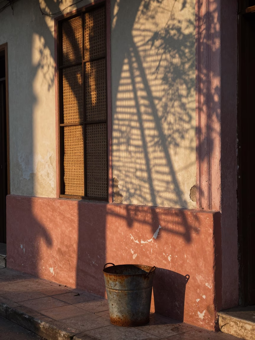 Morning Light in Havana Cuba Through Woven Cane Shadows on Rain Bucket in in Havana, Cuba