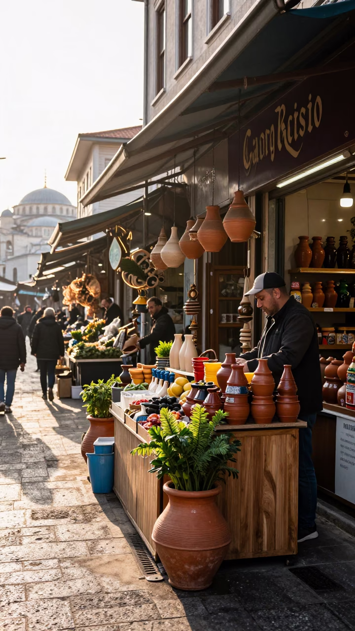 Morning Light in Istanbul Turkey Traditional Market Stall with Ceramic Pots and Fresh Produce in in Istanbul, Turkey