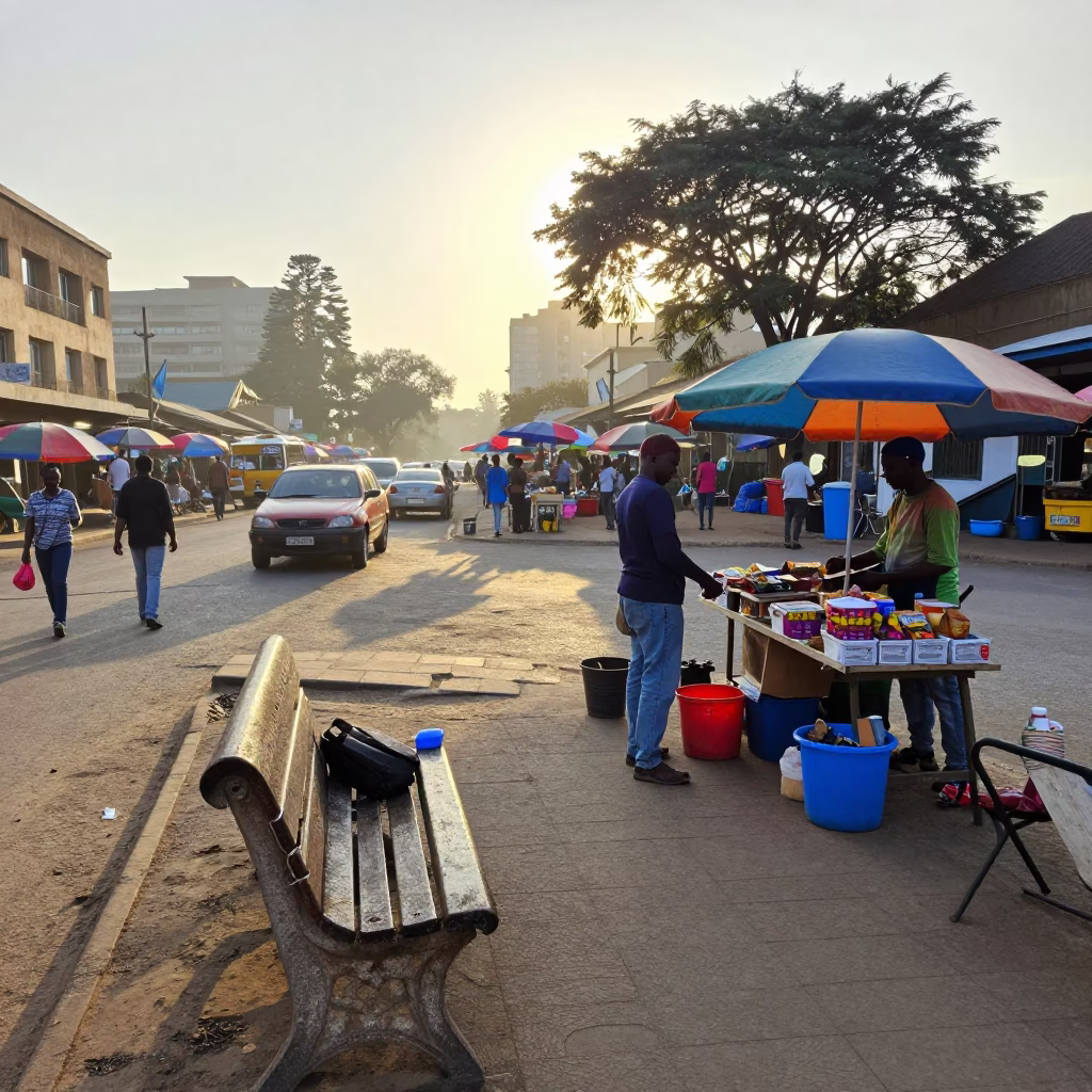 Morning Light in Johannesburg Street Corner with Colorful Local Market Activity in in Johannesburg, South Africa
