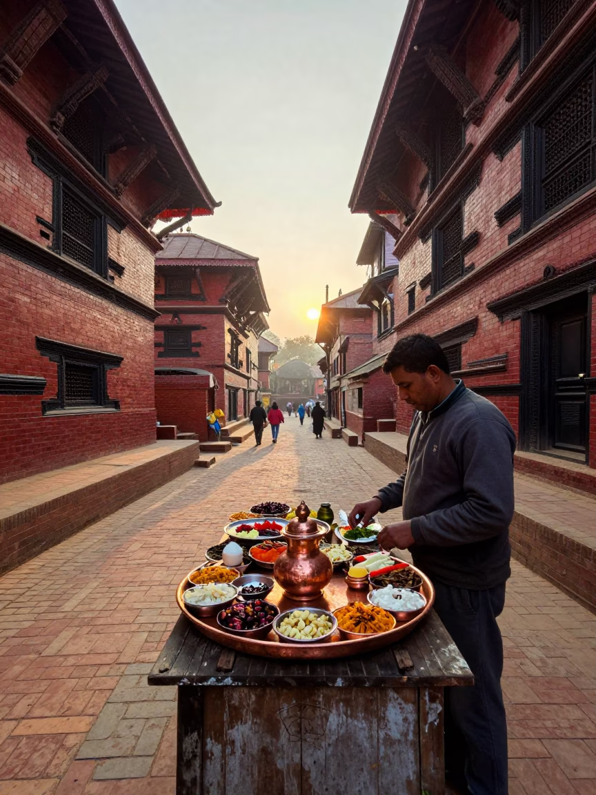 Morning Light in Kathmandu Nepal Street Scene with Copper Mezze Tray and Local Life in in Kathmandu, Nepal