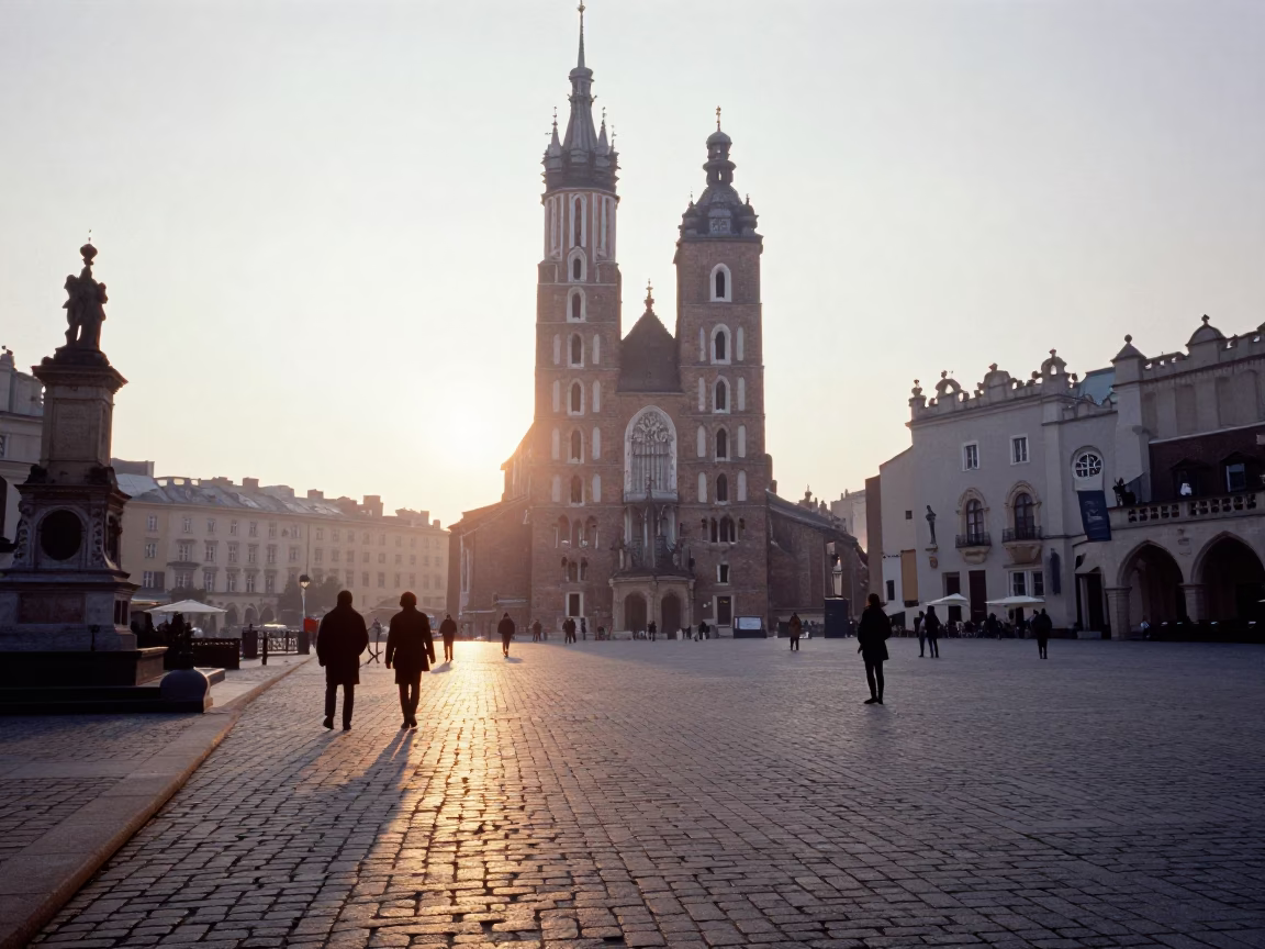 Morning Light in Krakow at As First Light Reaches The Scene in in Krakow, Poland