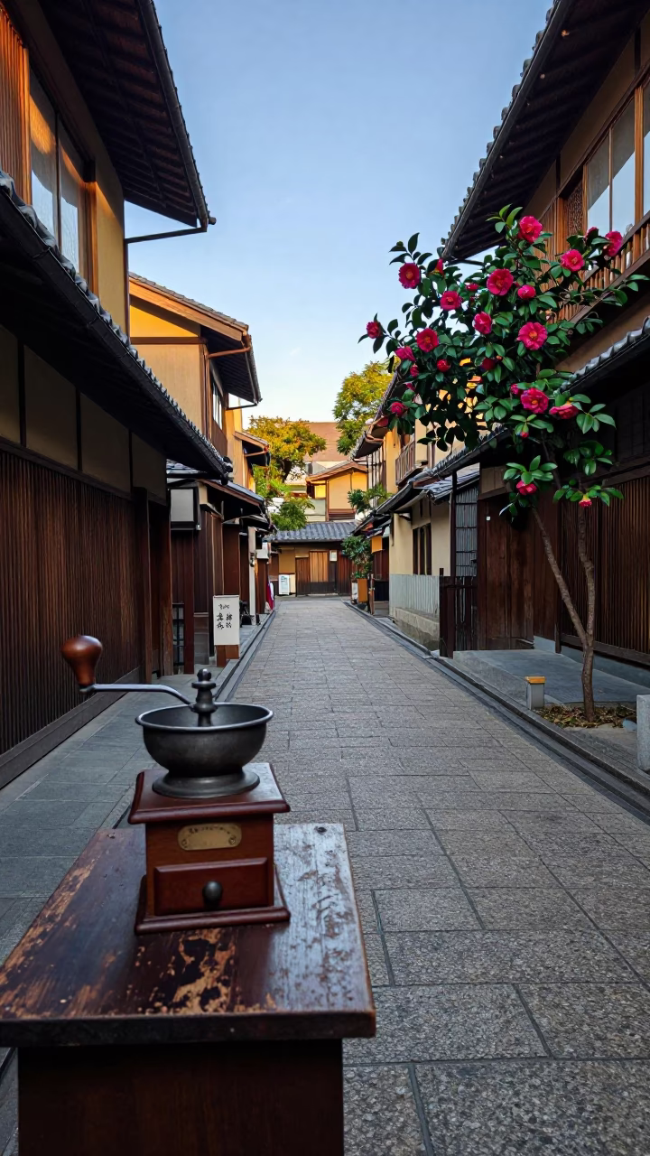 Morning Light in Kyoto Alleyway with Coffee Grinder and Camellia in in Kyoto, Japan