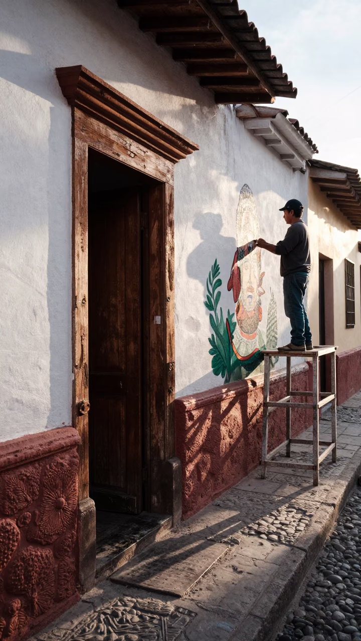 Morning Light in La Paz Bolivia Street Scene with Doorframe and Muralist Samples in in La Paz, Bolivia