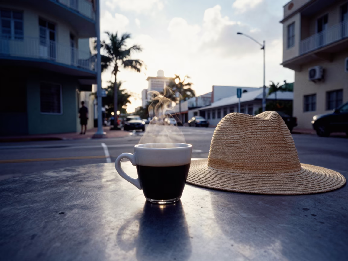 Morning Light in Little Havana Miami Florida Street Scene with Espresso and Sun Hats in in Miami, Florida, United States