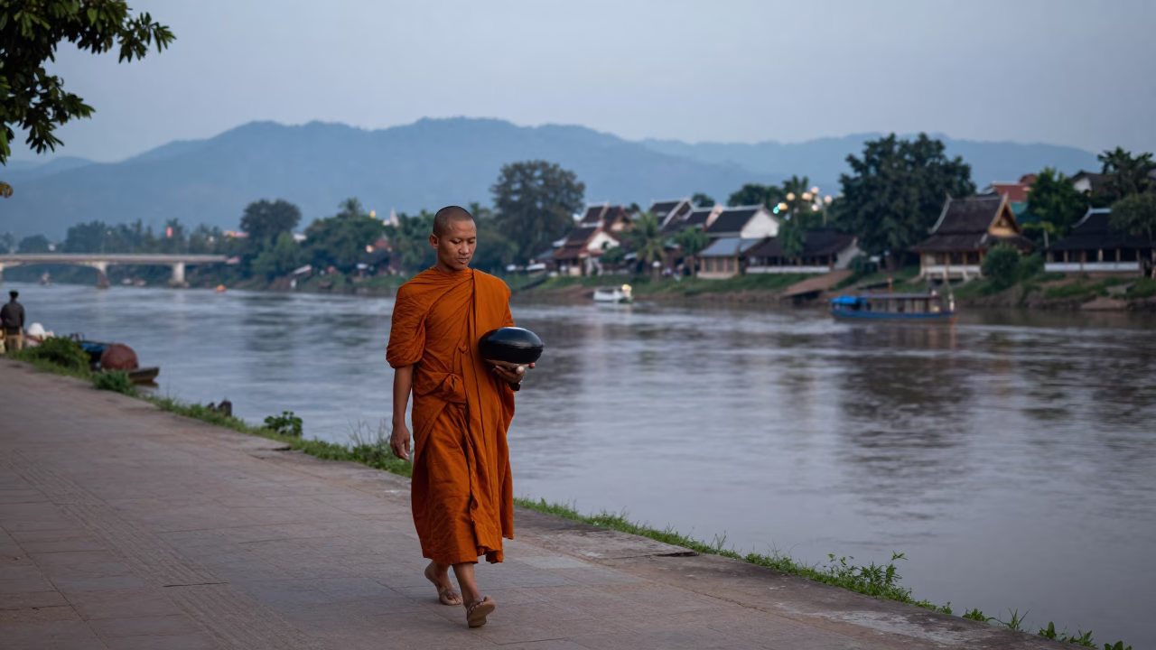 Morning light in Luang Prabang Laos street scene with monk alms and daily life in in Luang Prabang, Laos