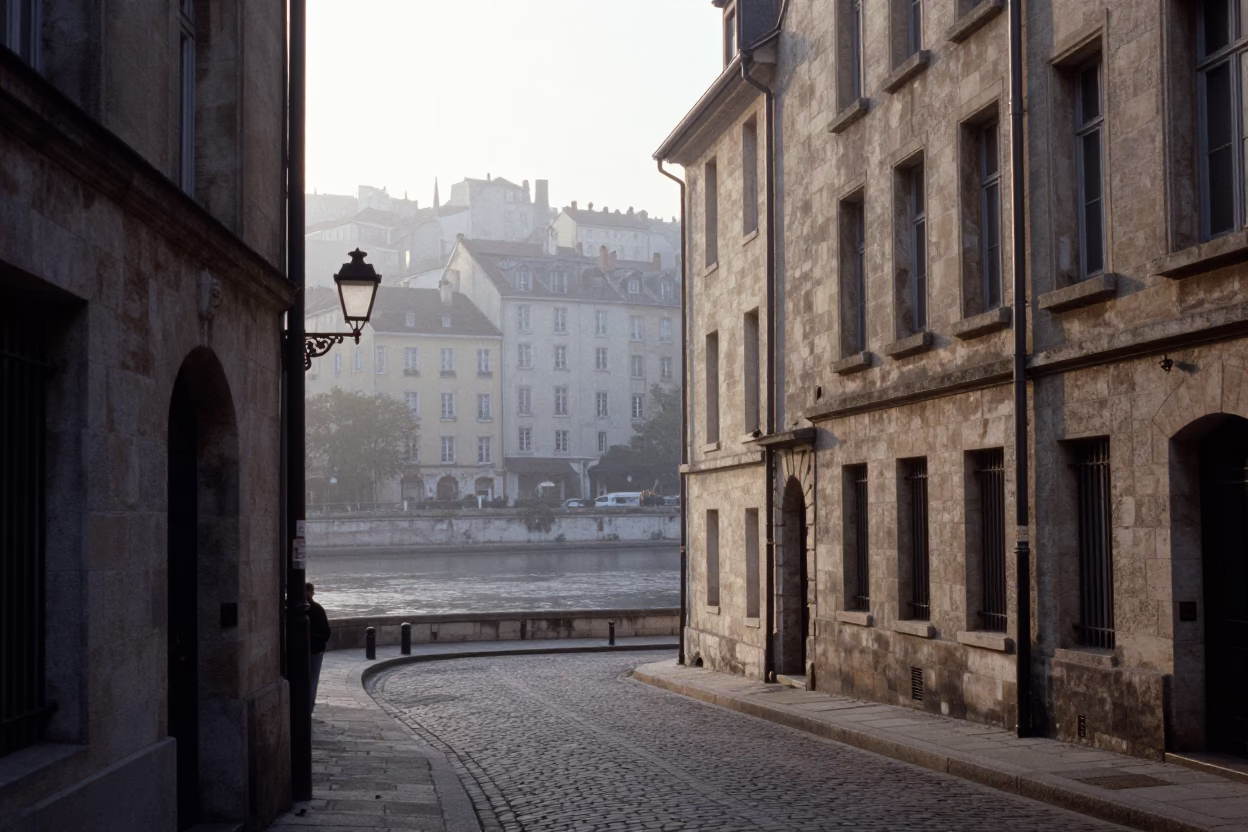 Morning Light in Lyon France with Historic Architecture and Street Life in in Lyon, France