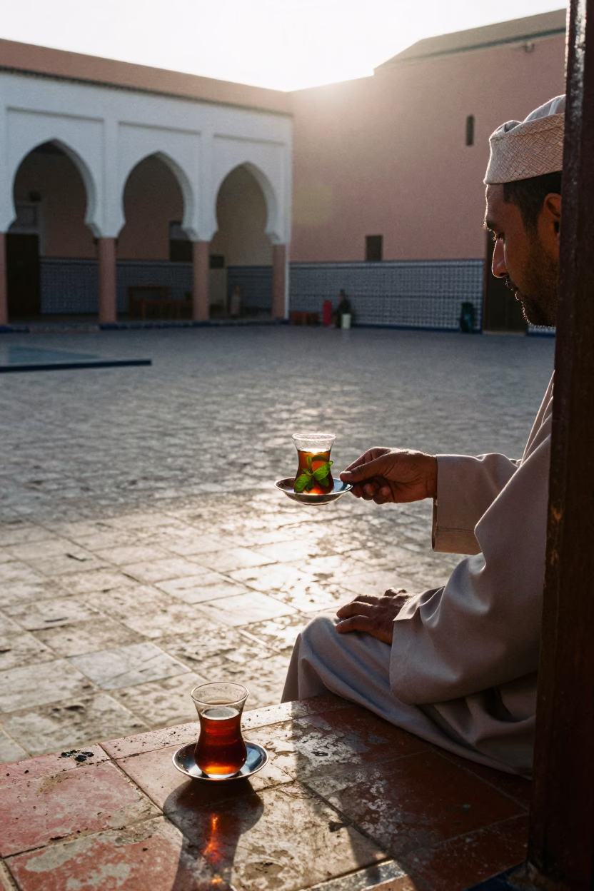 Morning light in Marrakech courtyard with tea saucers and worn fabric in in Marrakech, Morocco