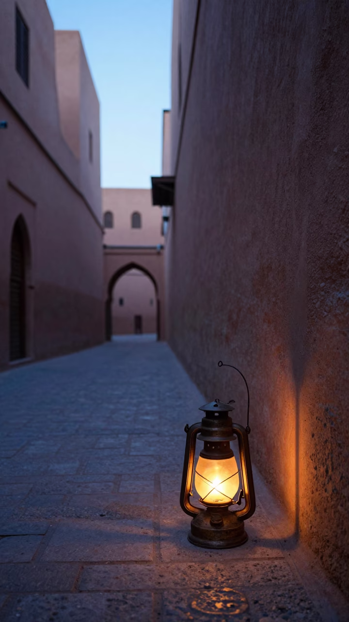 Morning light in Marrakech medina alley with oil lamp and postcards in in Marrakech, Morocco
