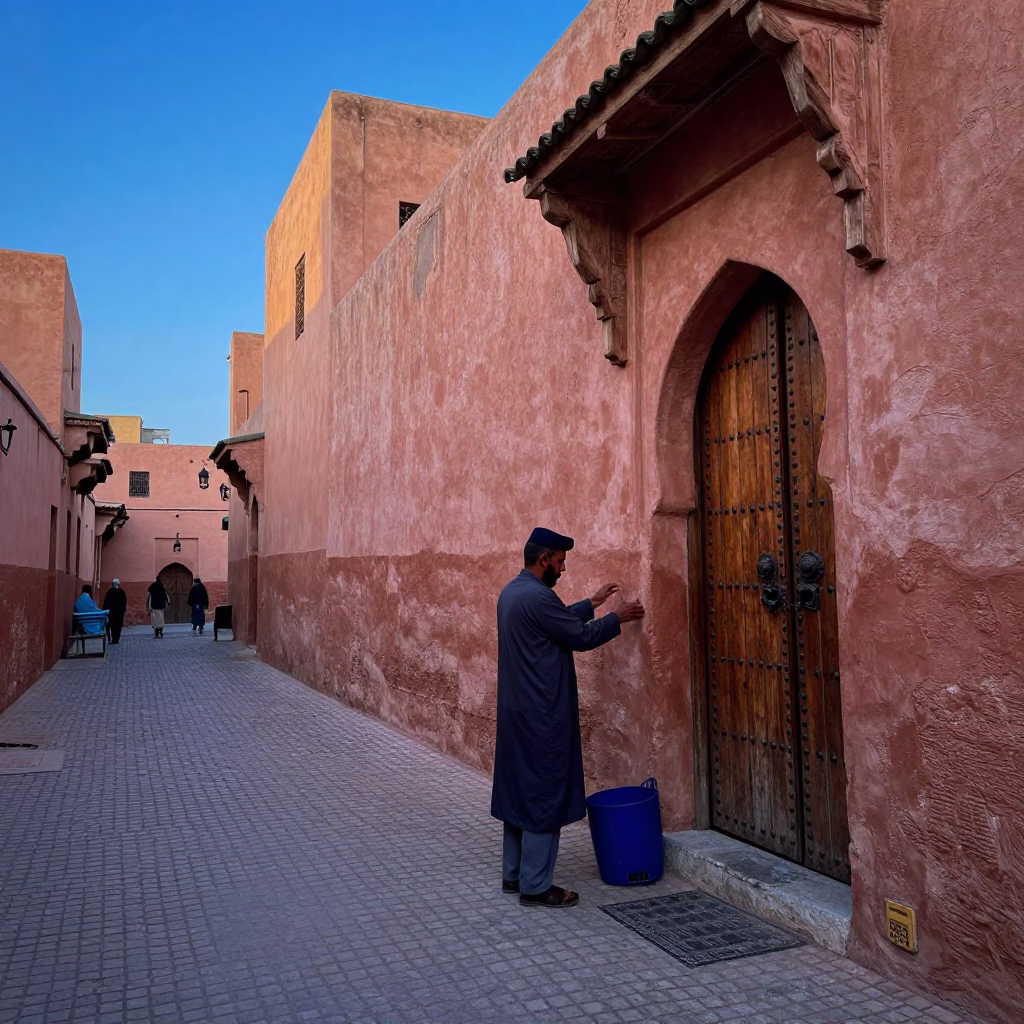Morning light in Marrakech Medina alleyway with local vendor and traditional doormat in in Marrakech, Morocco