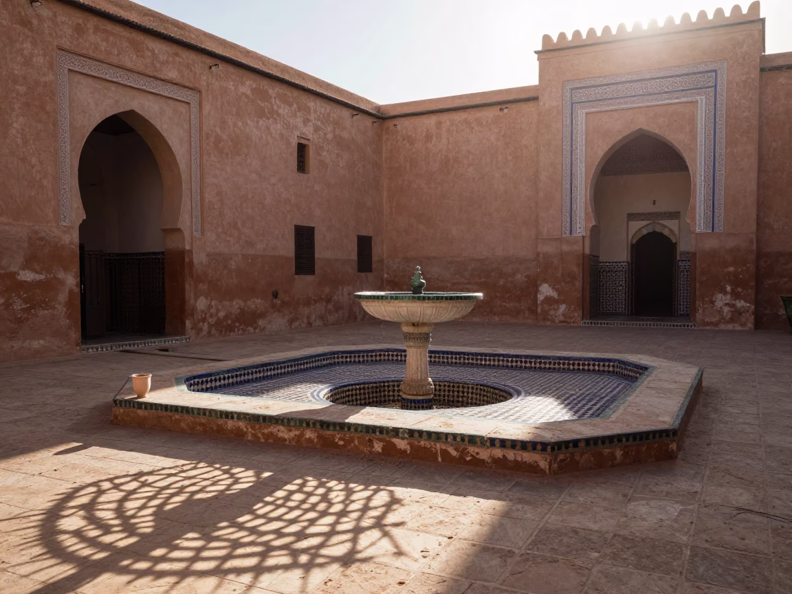 Morning Light in Marrakech Medina Courtyard with Wicker Shadow and Paint Flecks in in Marrakech, Morocco