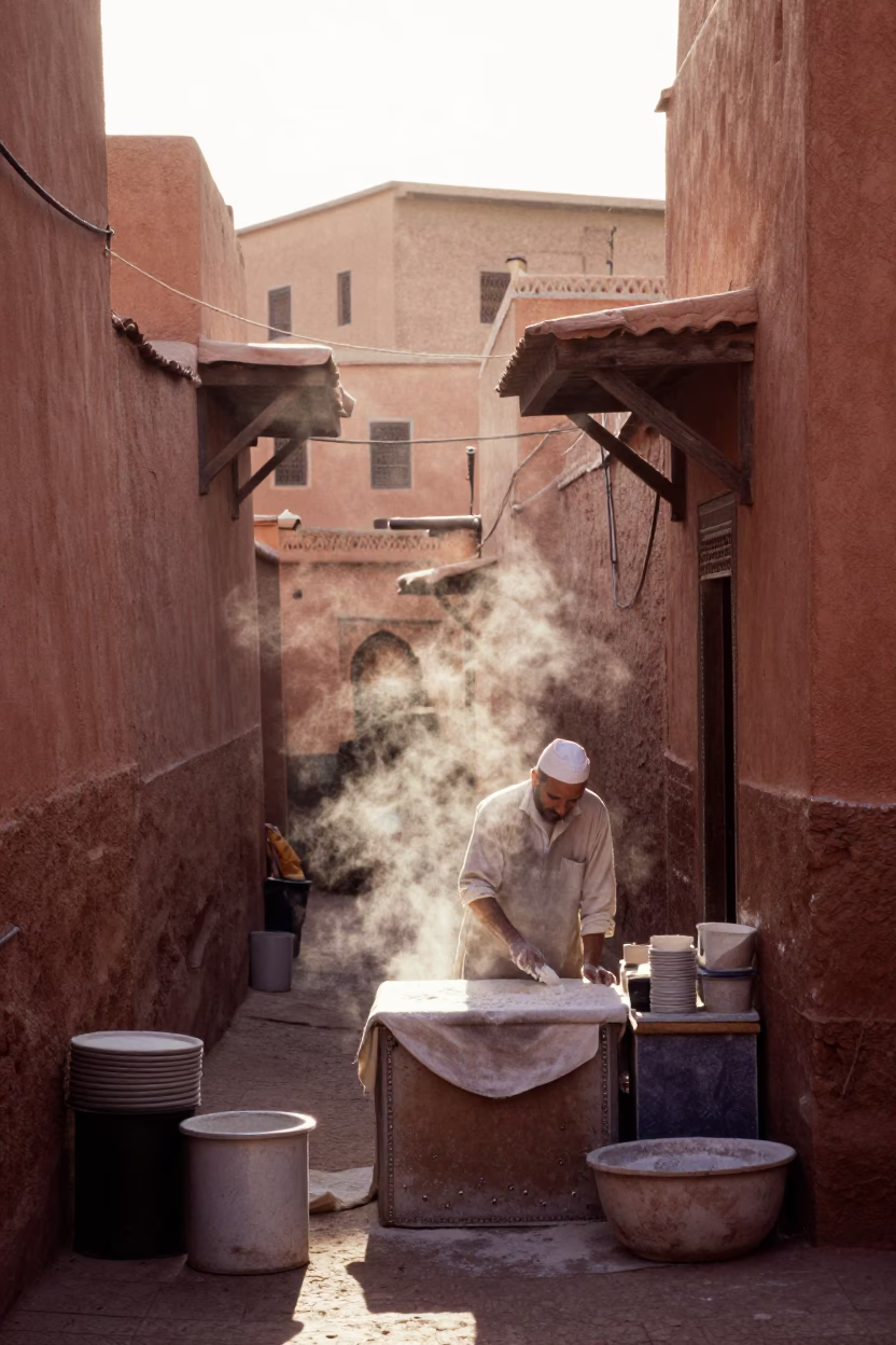 Morning Light in Marrakech Medina Flour Dust and Traditional Kitchen Utensils in in Marrakech, Morocco