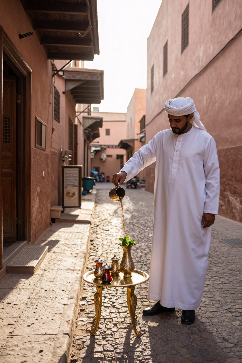 Morning Light in Marrakech Medina Street with Traditional Tea Service in in Marrakech, Morocco