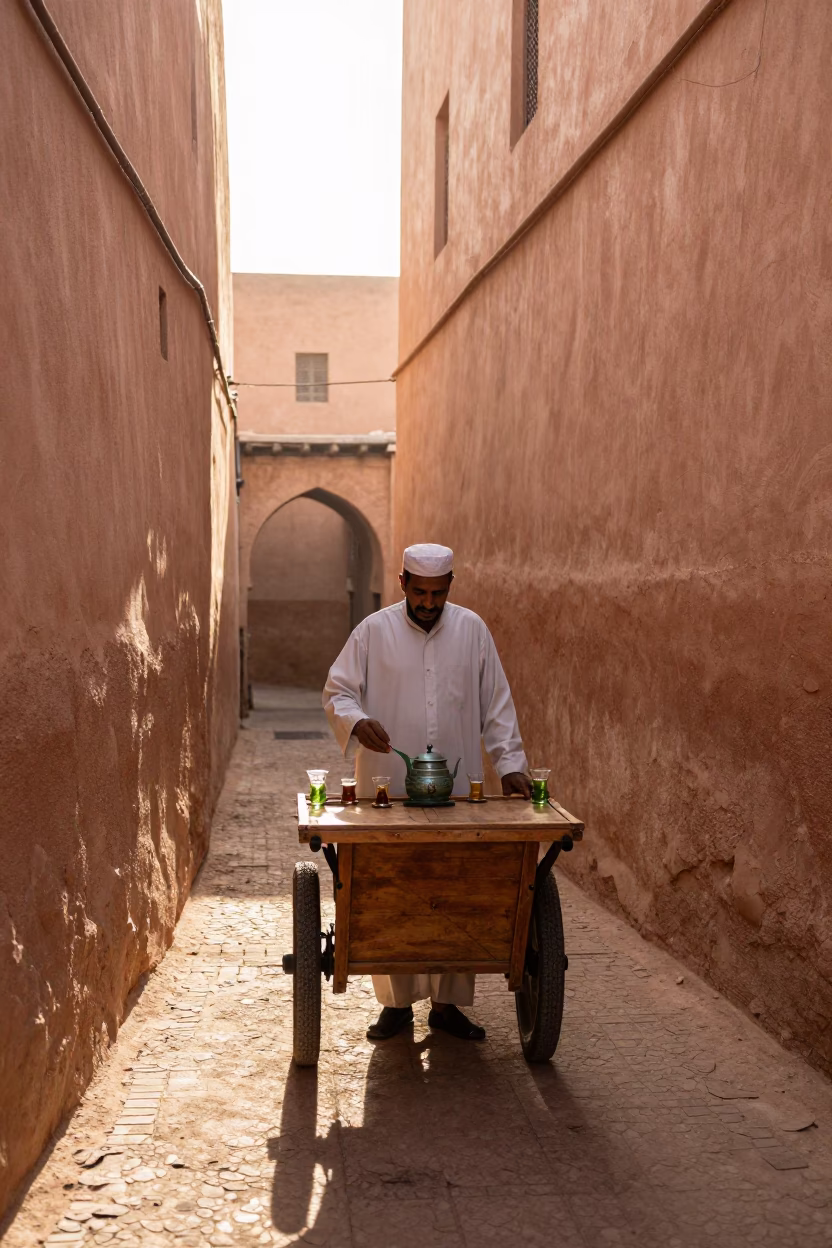 Morning Light in Marrakech Medina with Traditional Moroccan Mint Tea and Fresh Mint in in Marrakech, Morocco