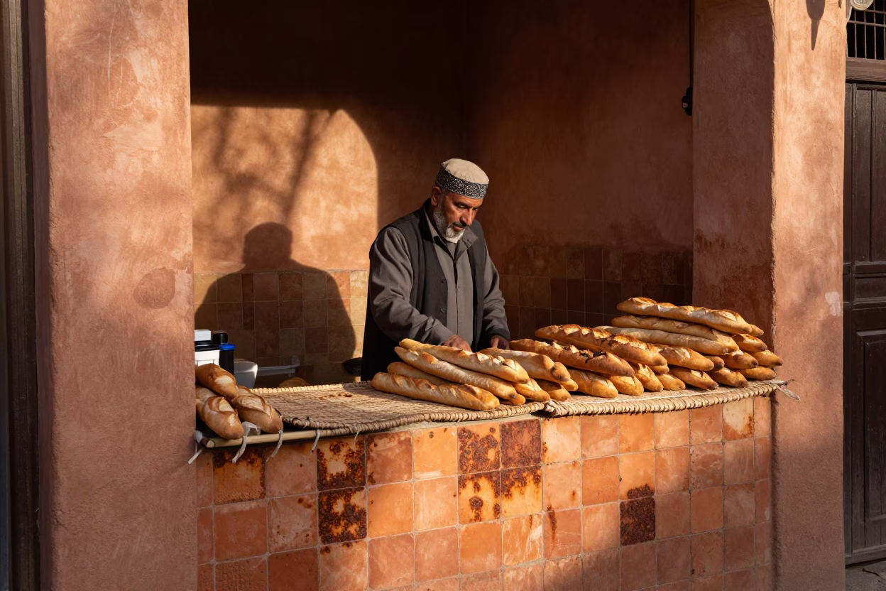 Morning Light in Marrakech Souk with Rusty Tile and Baguettes in in Marrakech, Morocco