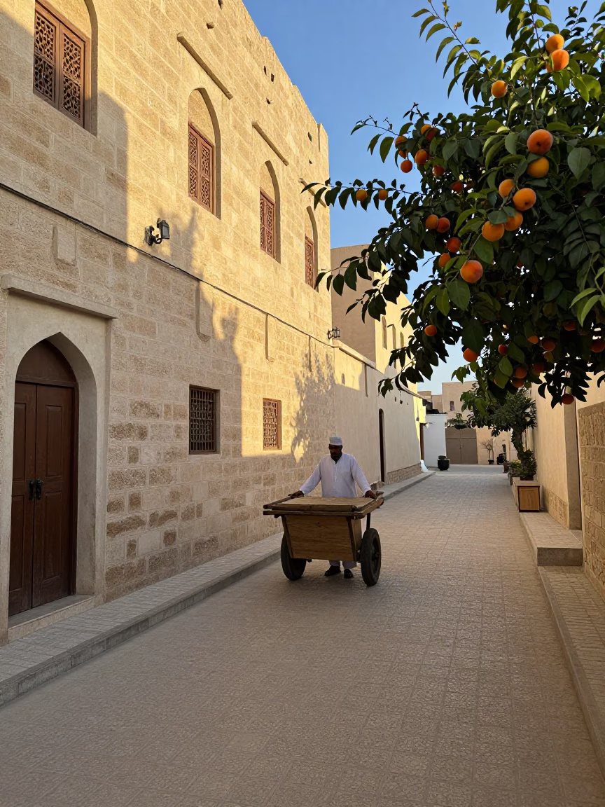 Morning Light in Muscat Oman Street Scene with Apricots and Traditional Tea in in Muscat, Oman
