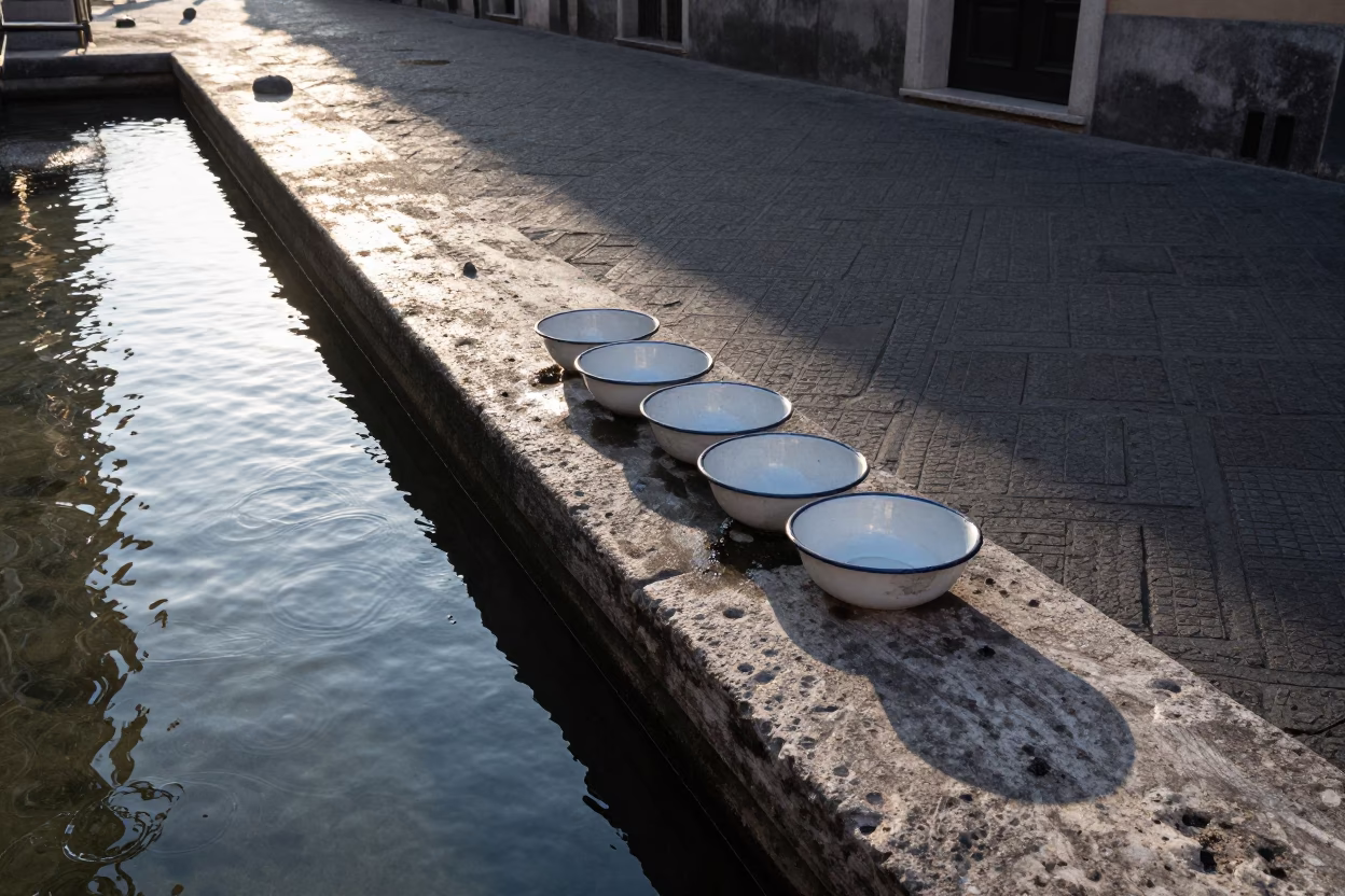 Morning light in Naples Italy street scene with ripples and enamel bowls in in Naples, Italy