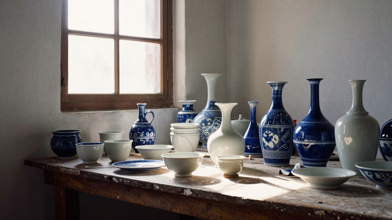 Morning Light in Oaxaca Workshop with Blue White Porcelain and Geraniums in in Oaxaca, Mexico