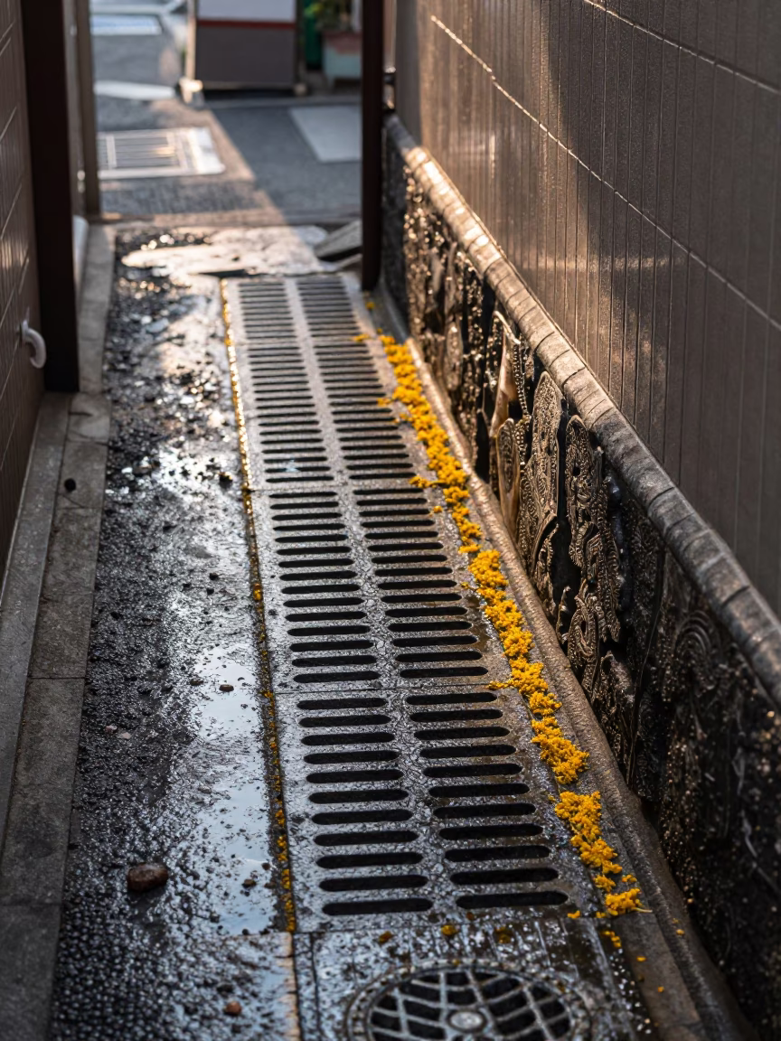 Morning Light in Osaka Japan Street Scene with Drain and Ceramic Details in in Osaka, Japan