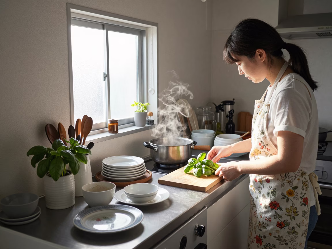 Morning light in Osaka kitchen with basil and dishware after sunrise in in Osaka, Japan