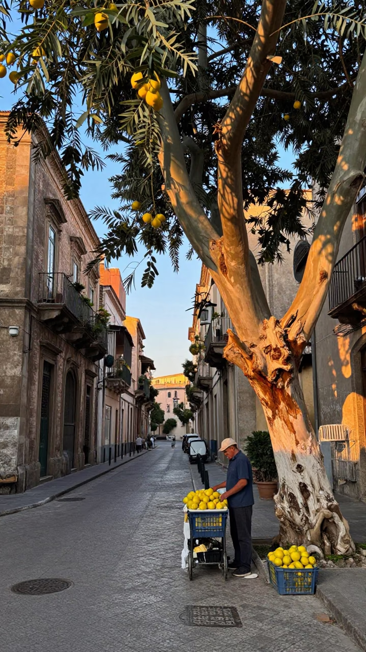 Morning light in Palermo Italy street scene with lemons and eucalyptus trees at dawn in in Palermo, Italy