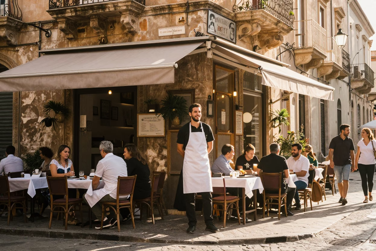 Morning Light in Palermo Street Cafe with Aprons and Graduation Gown in in Palermo, Italy