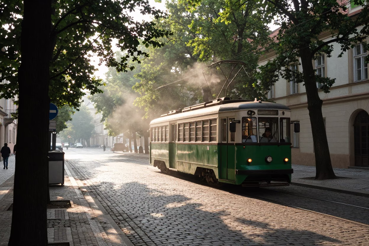 Morning light in Prague with old trolley and coffee steam in in Prague, Czech Republic