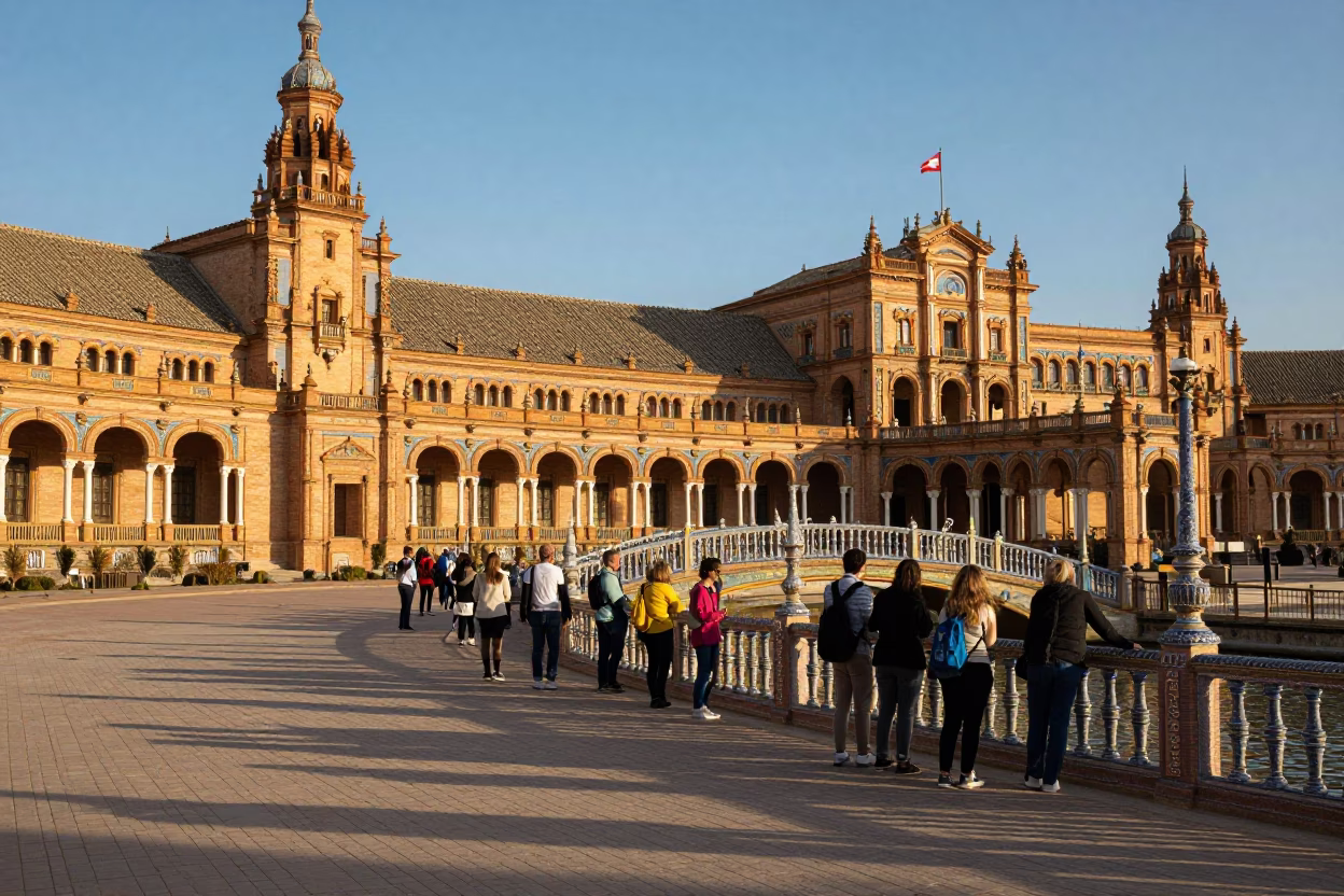 Morning Light in Seville Spain Plaza de España with Tourists and Historic Architecture in in Seville, Spain