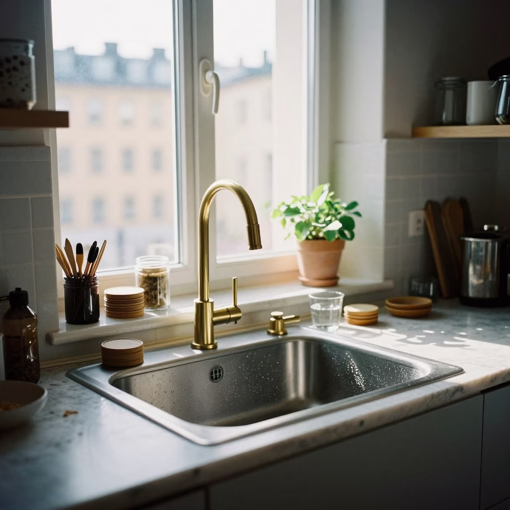 Morning Light in Stockholm Kitchen with Brass Fixtures and Fresh Produce in in Stockholm, Sweden