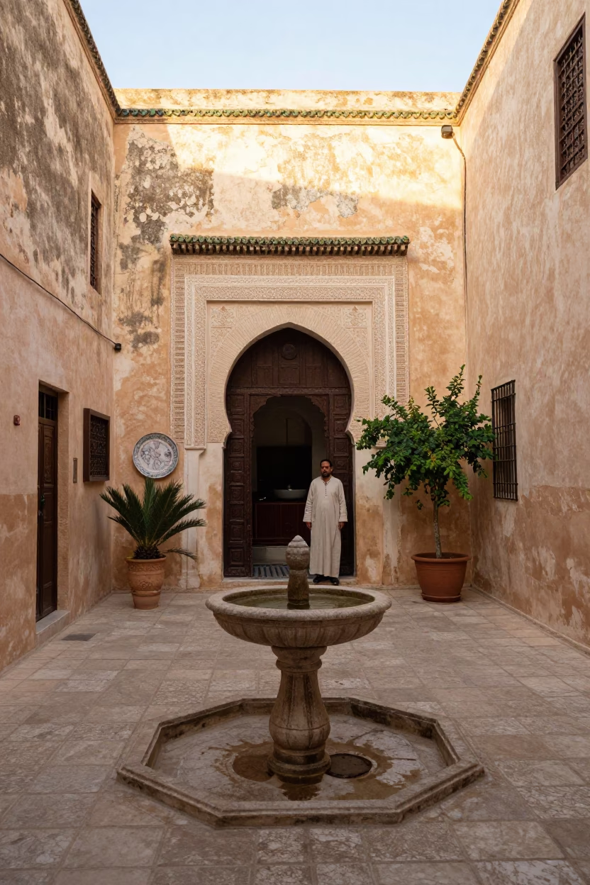 Morning Light in Tunis Medina Courtyard with Plate and Plant Pot in in Tunis, Tunisia
