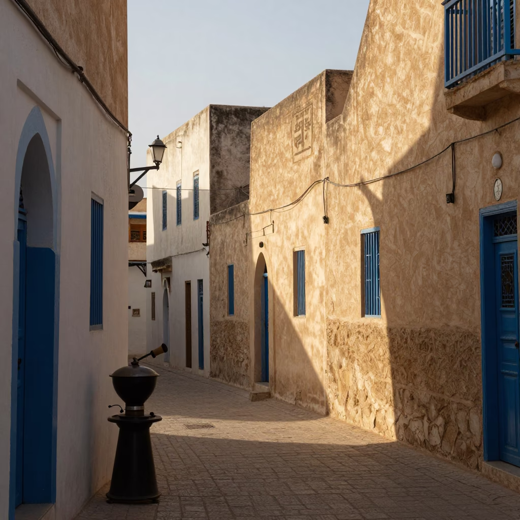Morning light in Tunis Tunisia street scene with coffee grinder and pot lid in in Tunis, Tunisia