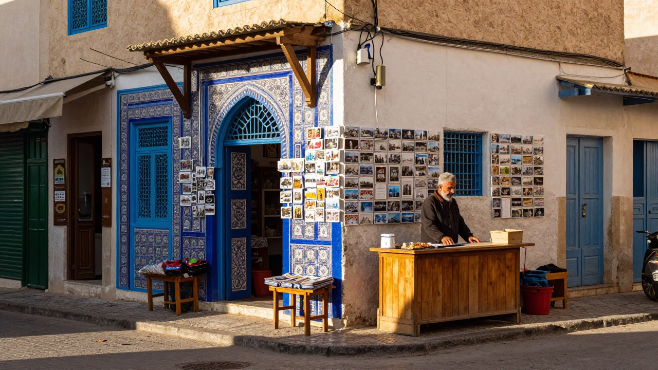 Morning Light in Tunis Tunisia Street Scene with Postcards and Local Commerce in in Tunis, Tunisia