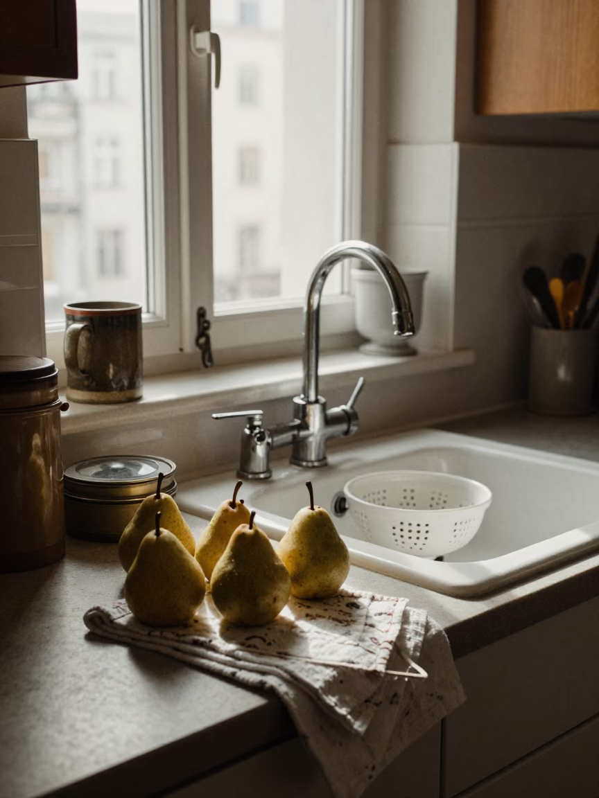 Morning light in Vienna Austria kitchen with pears and dish towel in in Vienna, Austria