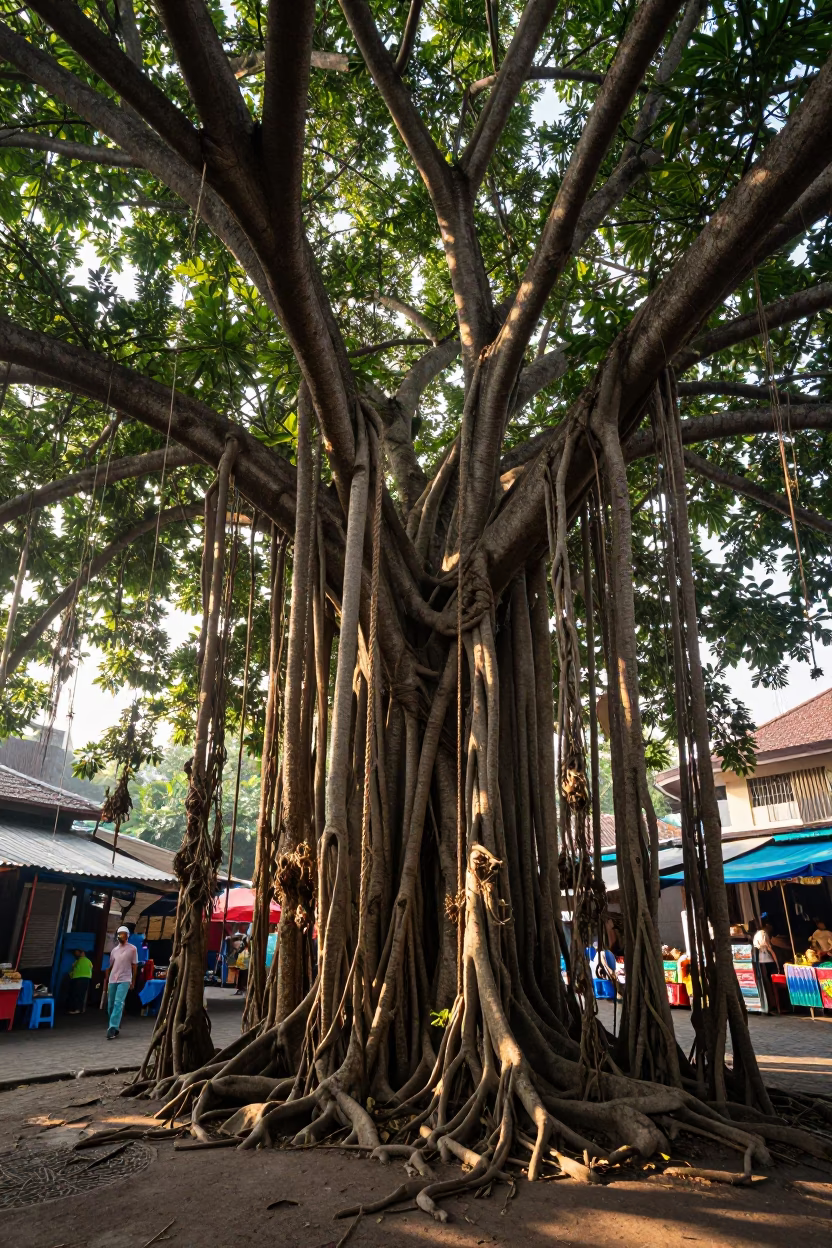 Morning Light in Yogyakarta Indonesia Banyan Tree Roots and Street Market Activity in in Yogyakarta, Indonesia