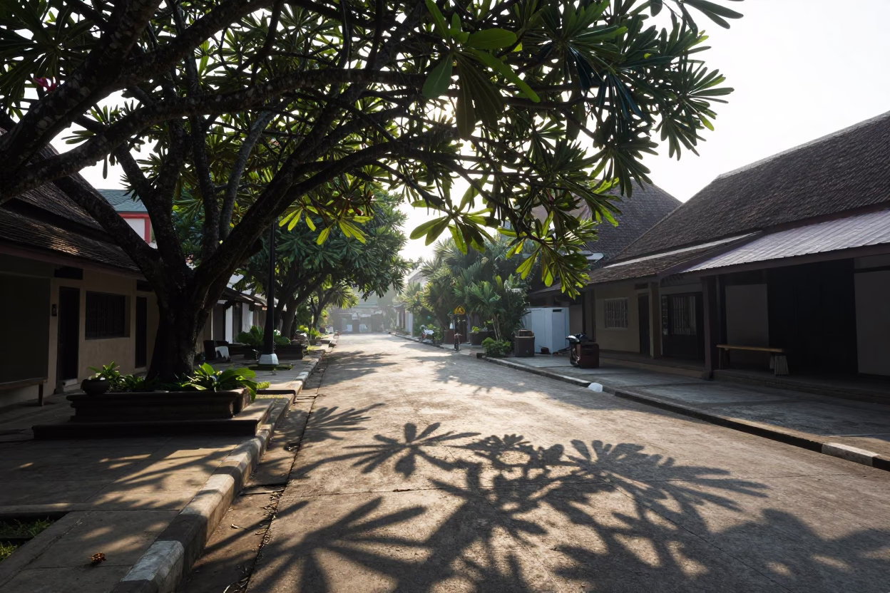 Morning Light in Yogyakarta Indonesia Street Scene with Leaf Shadows and Local Life in in Yogyakarta, Indonesia