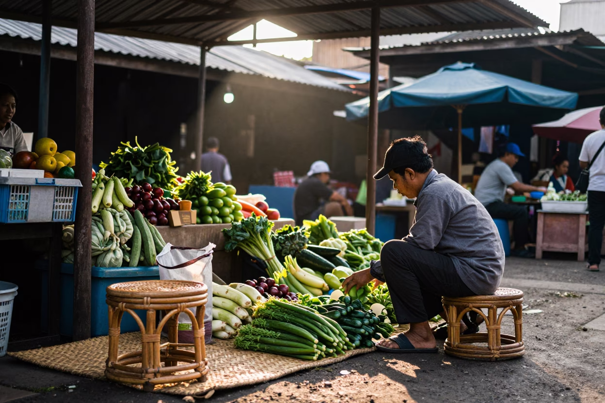 Morning Light in Yogyakarta Street Market with Rattan Stool and Local Commerce in in Yogyakarta, Indonesia