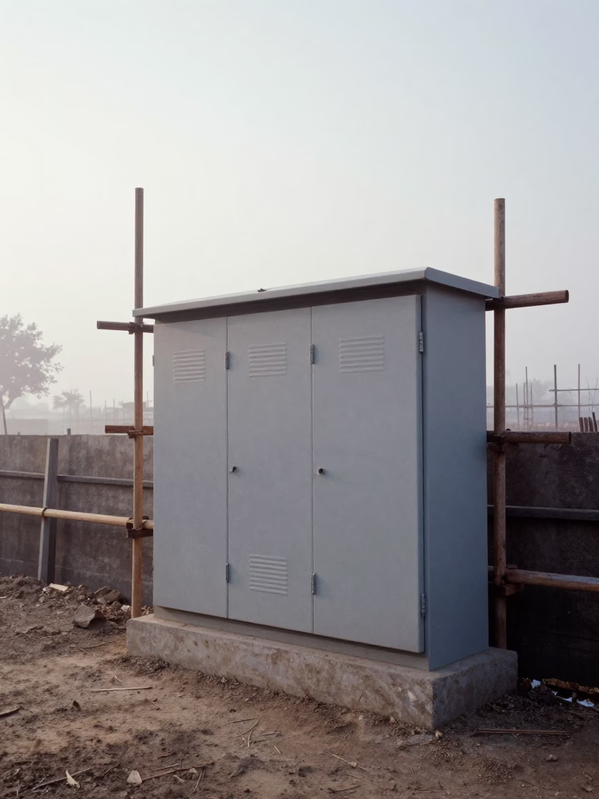 Morning Light on Larkana Construction Wall in along a scaffolded facade in Larkana