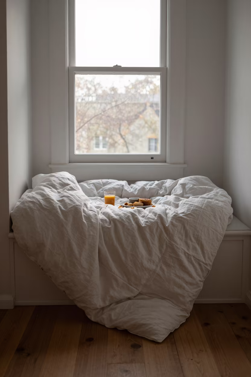 Morning light on linen duvet with breakfast crumbs in in a breakfast nook in Houston