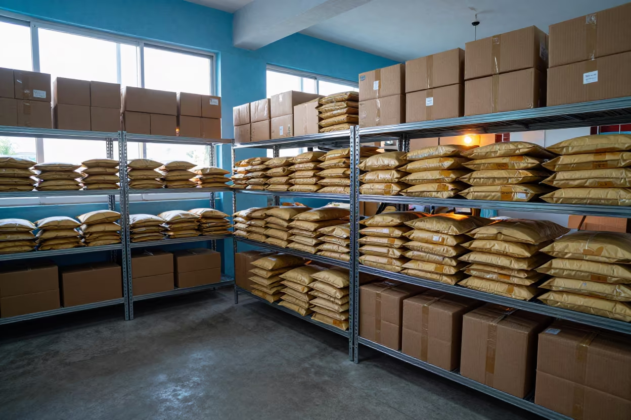 Morning Light on Mailroom Shelves in Santiago in at a fulfillment packing station in Santiago de Cuba