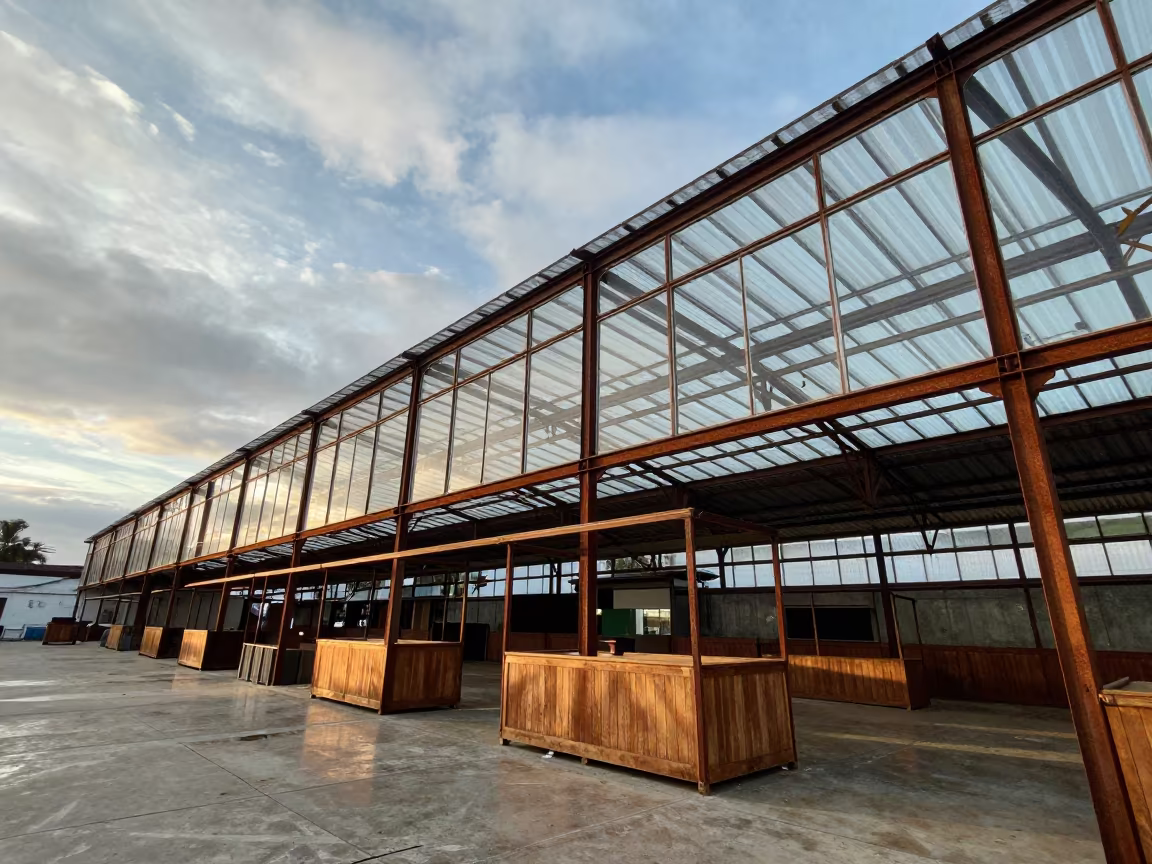 Morning Light in Maracay Iron Glass Market Hall in inside a glass-roofed arcade near Maracay